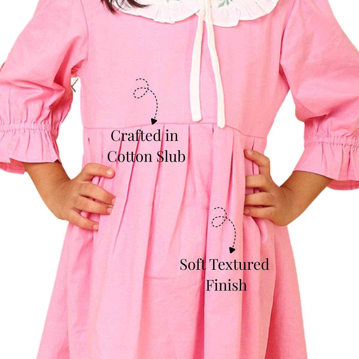 Pink cotton slub summer dress for girls with an embroidered Peter Pan collar