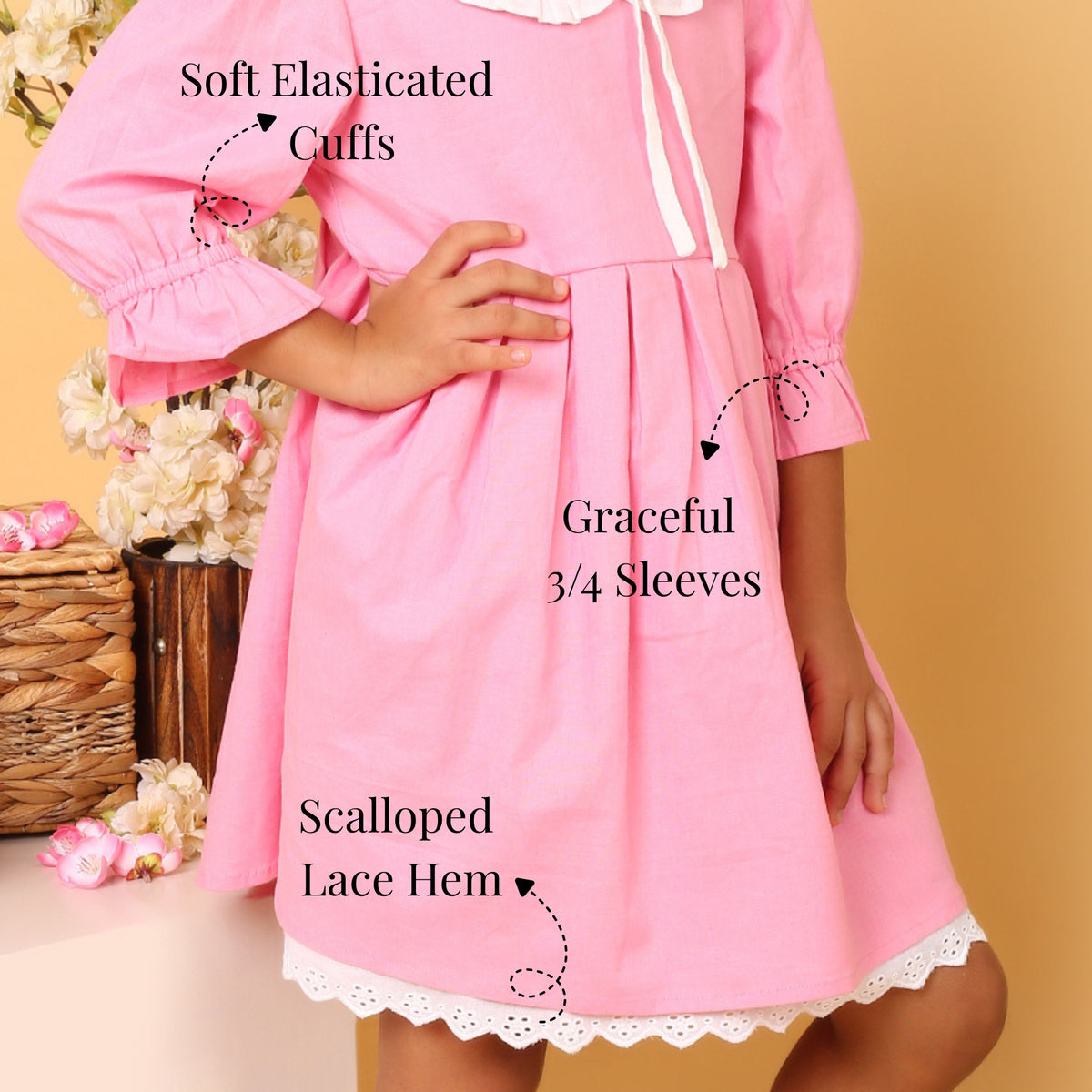 Pink cotton slub summer dress for girls with an embroidered Peter Pan collar
