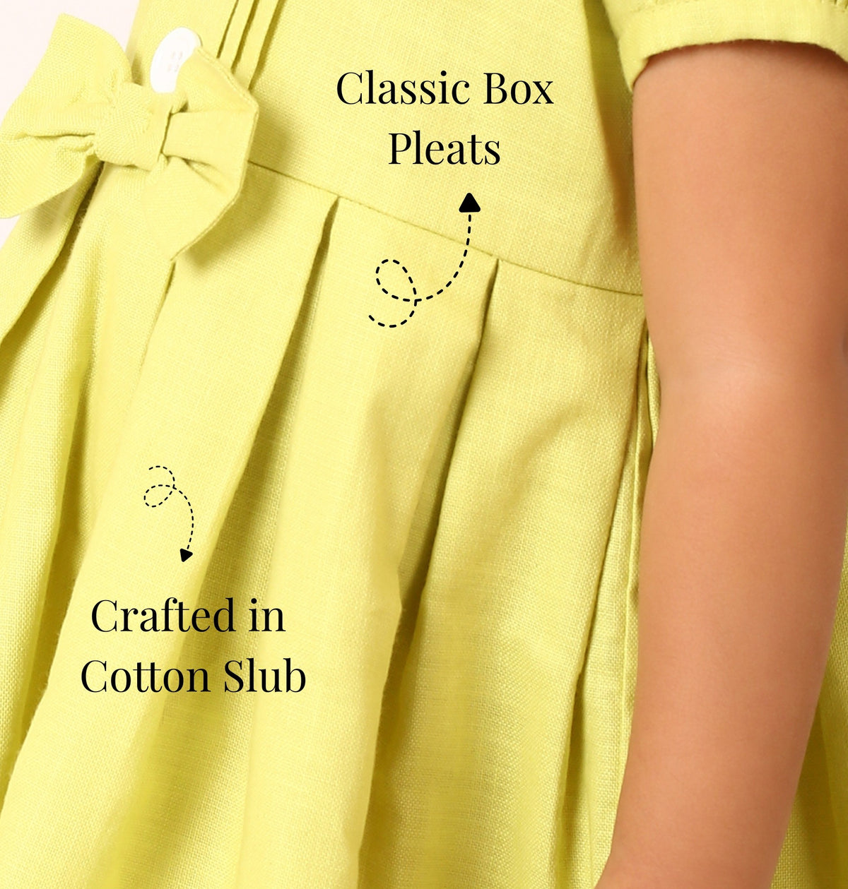 Neon green cotton dress for girls with classic box pleats