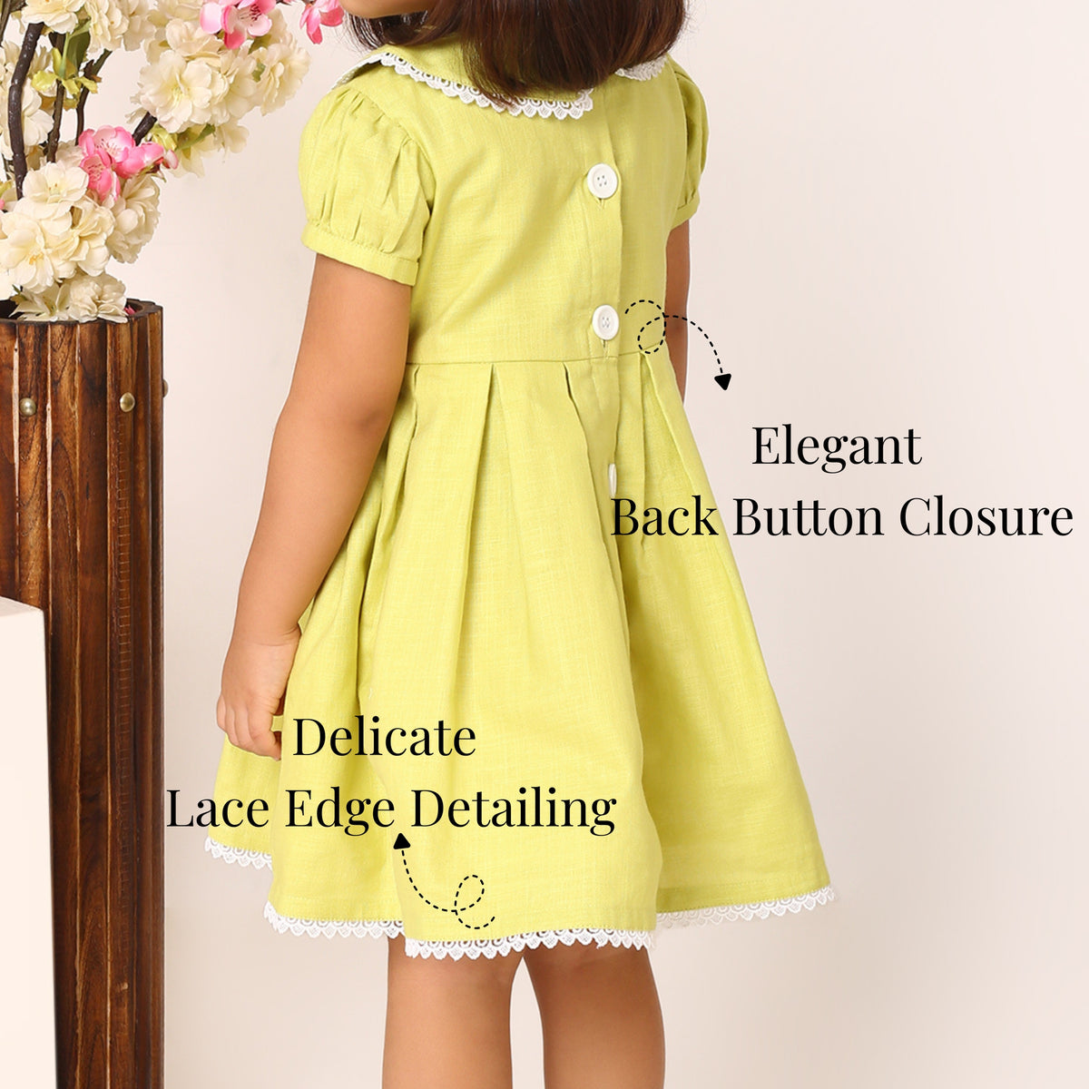 Neon green cotton dress for girls with back button closure