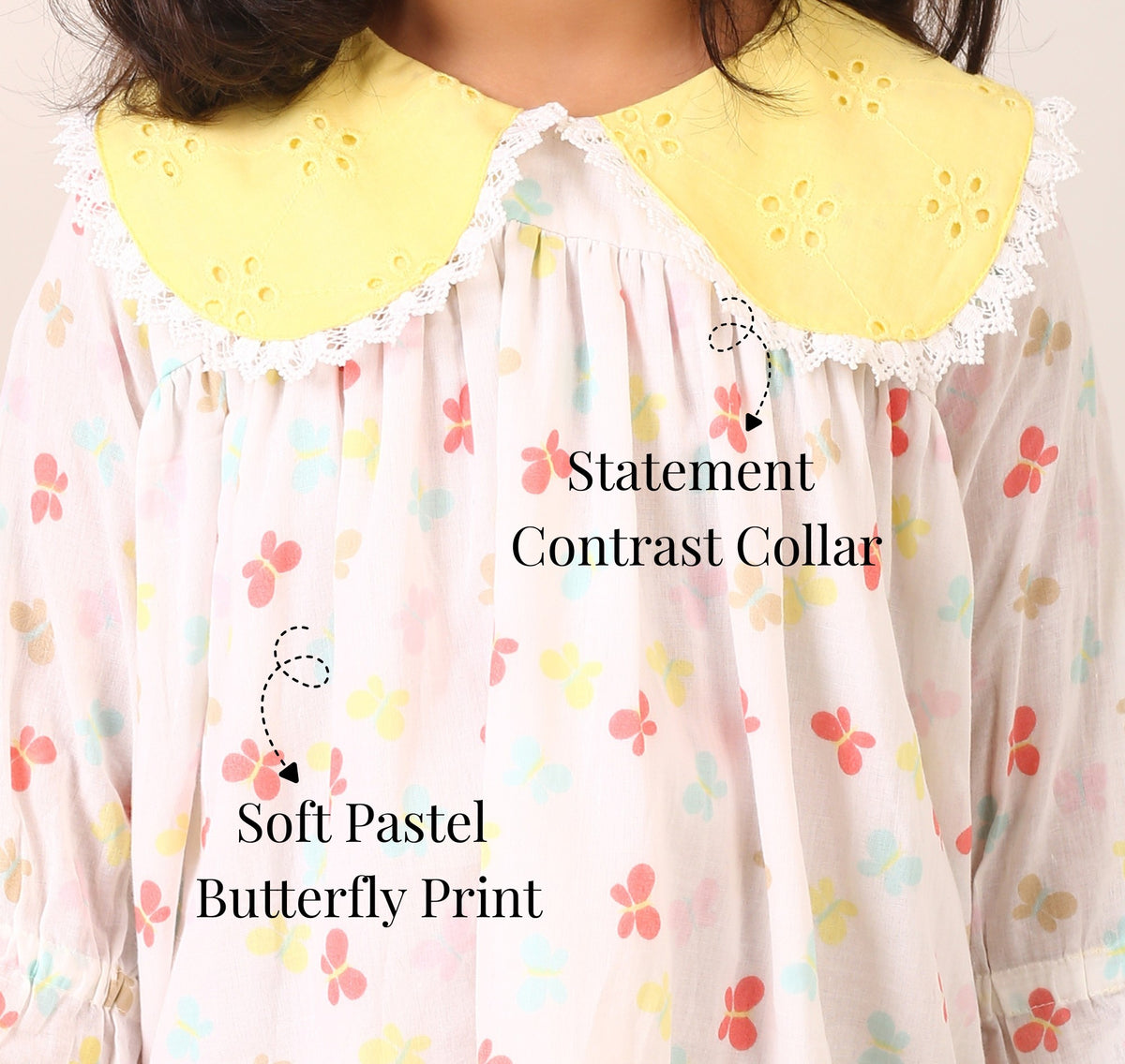 Butterfly print cotton dress with yellow contrast collar