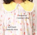 Butterfly print cotton dress with yellow contrast collar