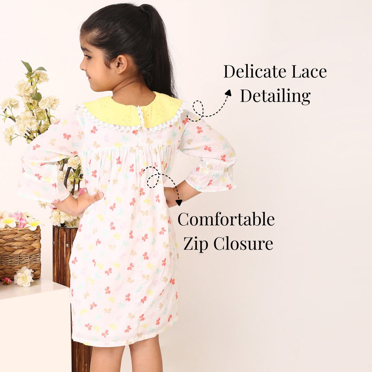 Butterfly print cotton dress for girls with zip closure