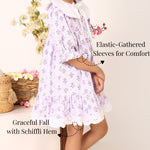 Lavender cotton dress for girls with elastic gathered sleeves