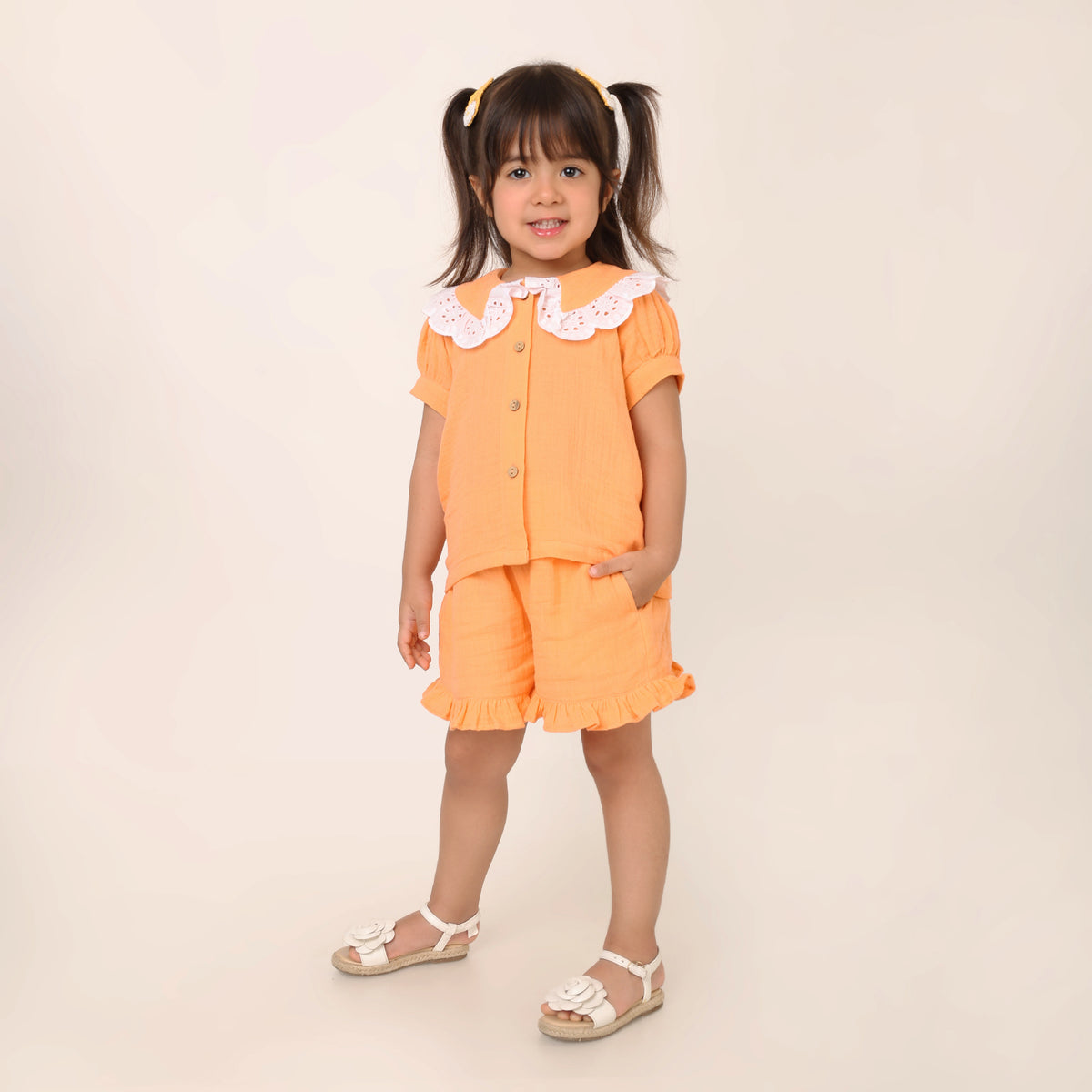Orange Organic Cotton Co-ord Set for Girls with Schiffli Lace