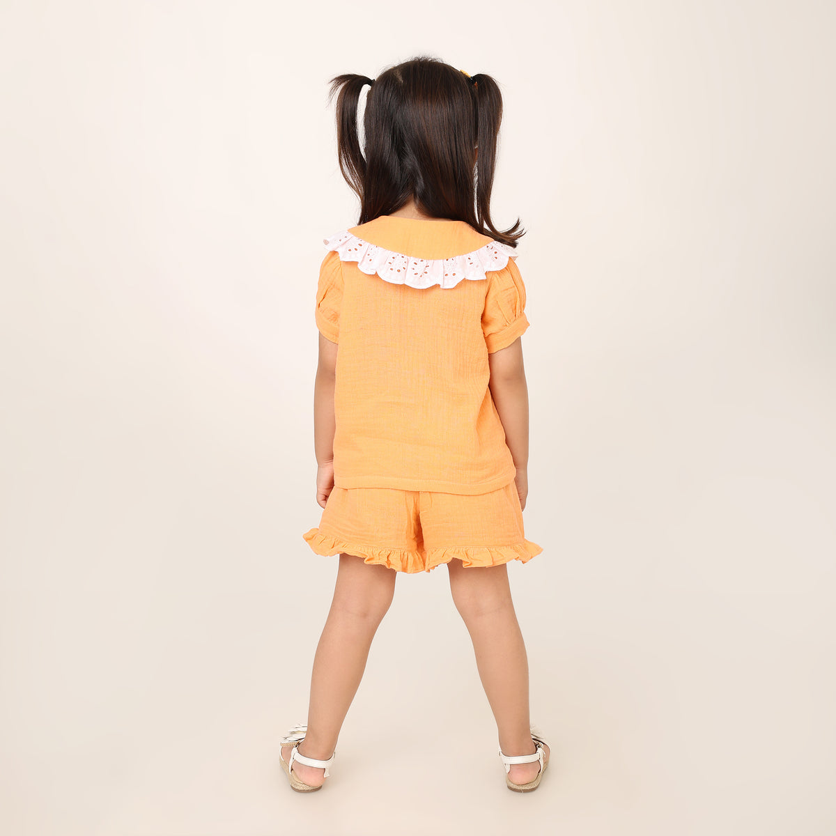 Orange Organic Cotton Co-ord Set for Girls with Schiffli Lace