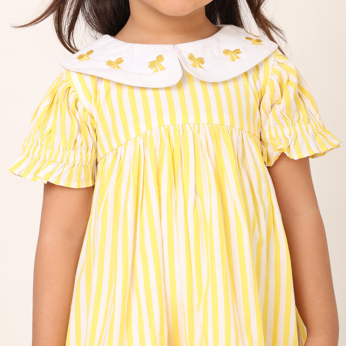 White and Yellow Organic Cotton Striped Dress for Girls