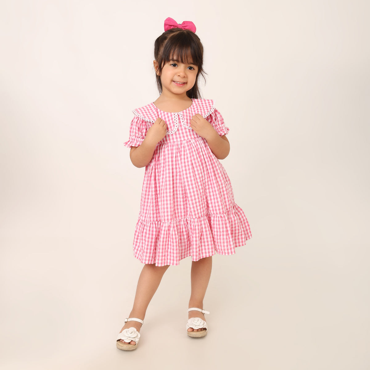Pink and White Gingham Check Cotton Dress for Girls