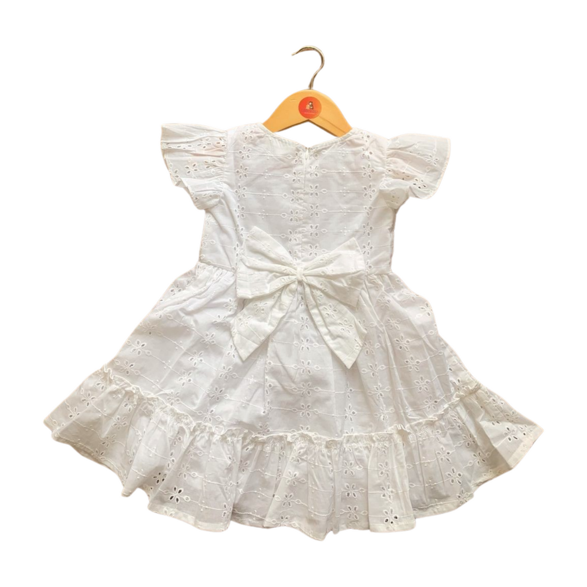 100% Cotton White Schiffli Flutter Sleeves Dress