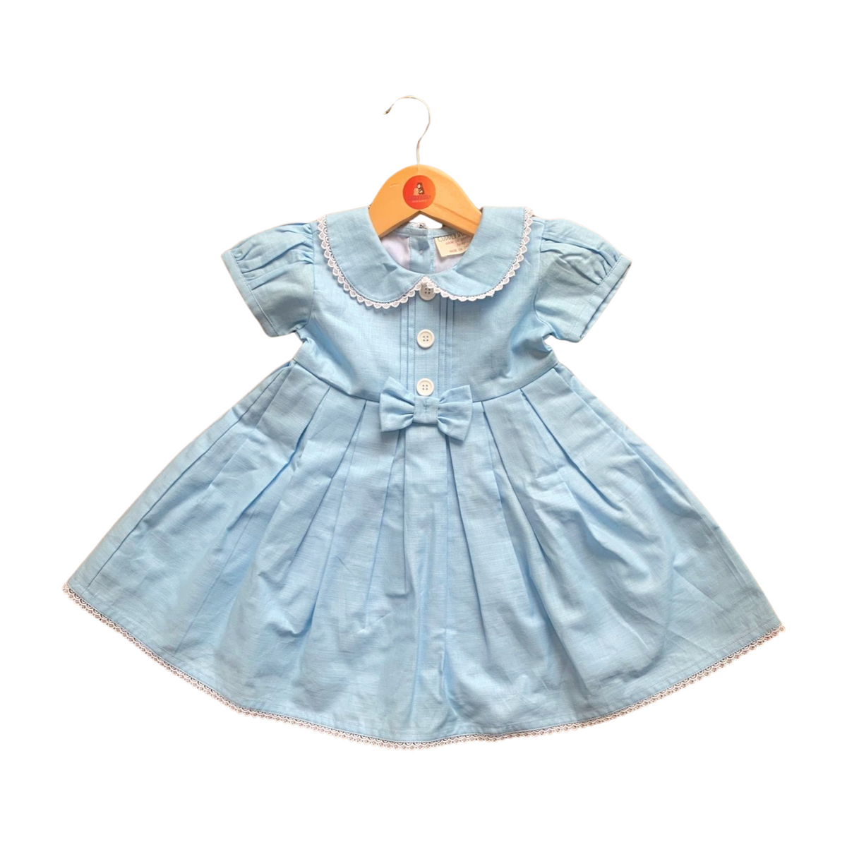 Cotton Linen Powder Blue Box Pleated Dress with Peter Pan Collar and Bow