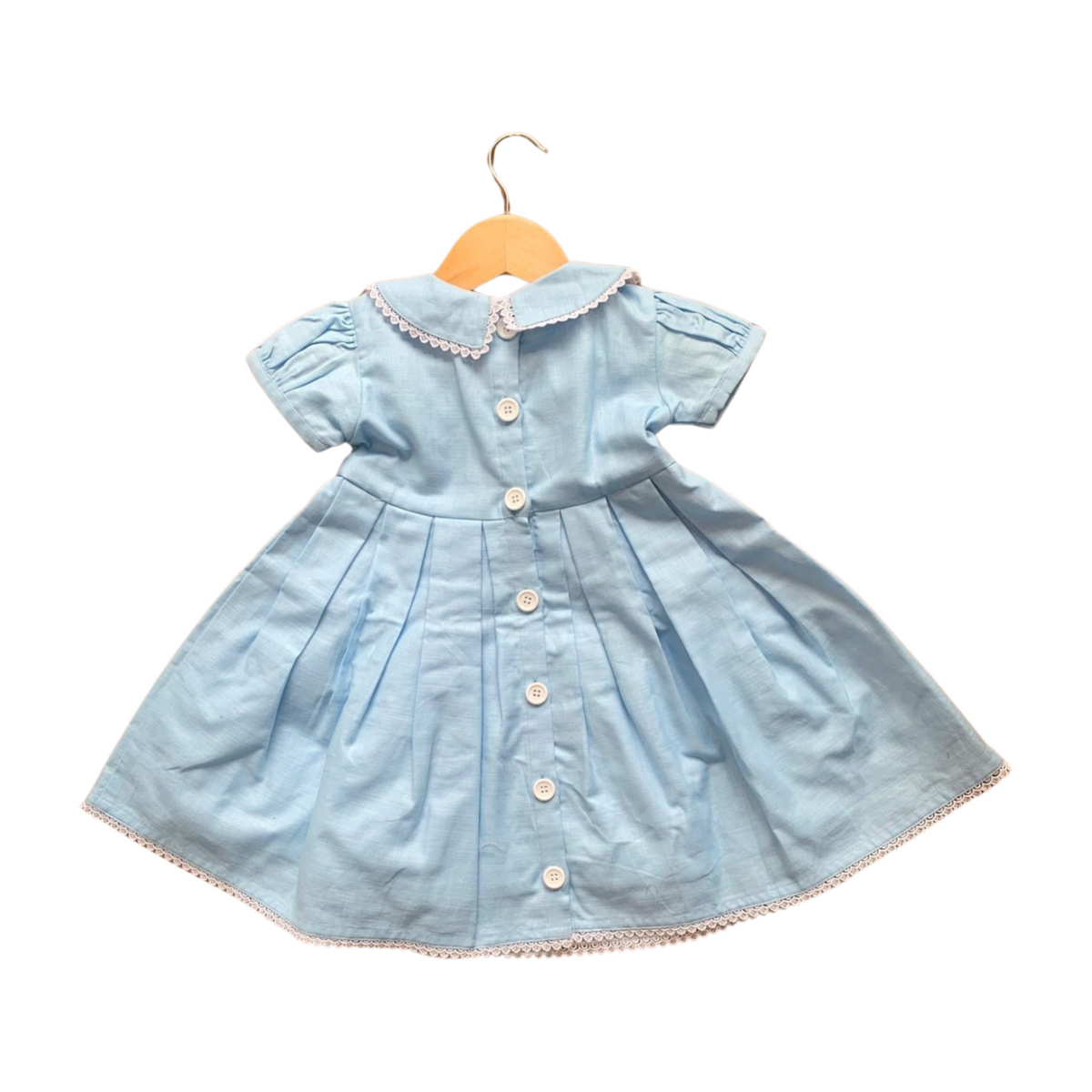 Cotton Linen Powder Blue Box Pleated Dress with Peter Pan Collar and Bow