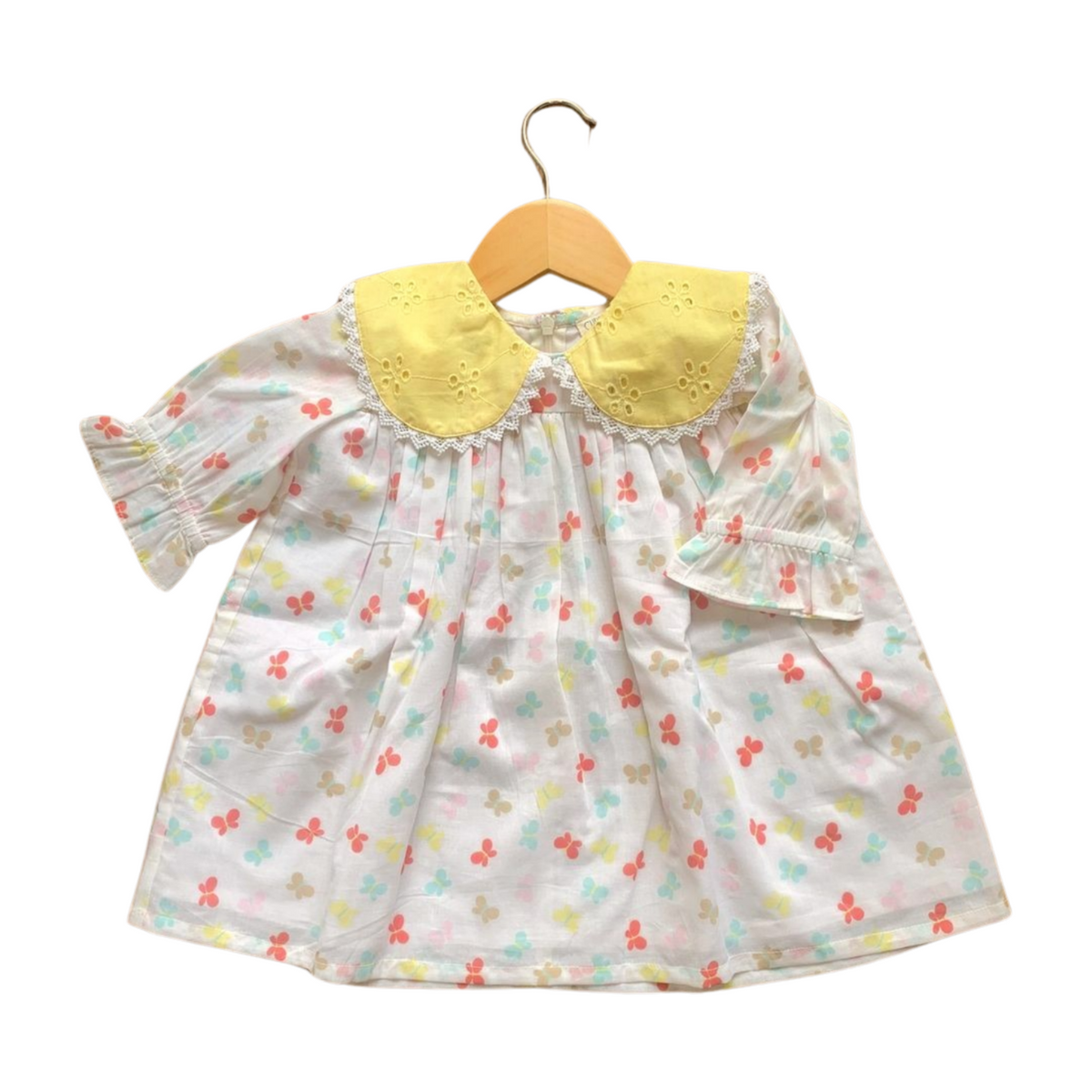 100% Cotton Butterfly Prints White Dress Yellow Peter Pan Collars