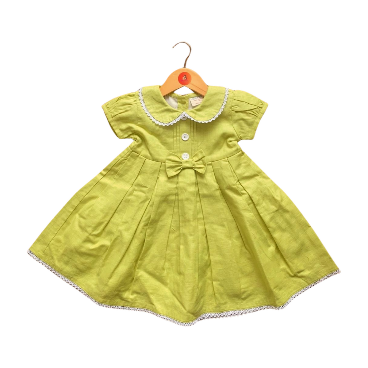 Cotton Linen Neon Green Box Pleated Dress with Peter Pan Collar and Bow