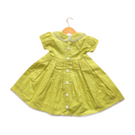 Cotton Linen Neon Green Box Pleated Dress with Peter Pan Collar and Bow