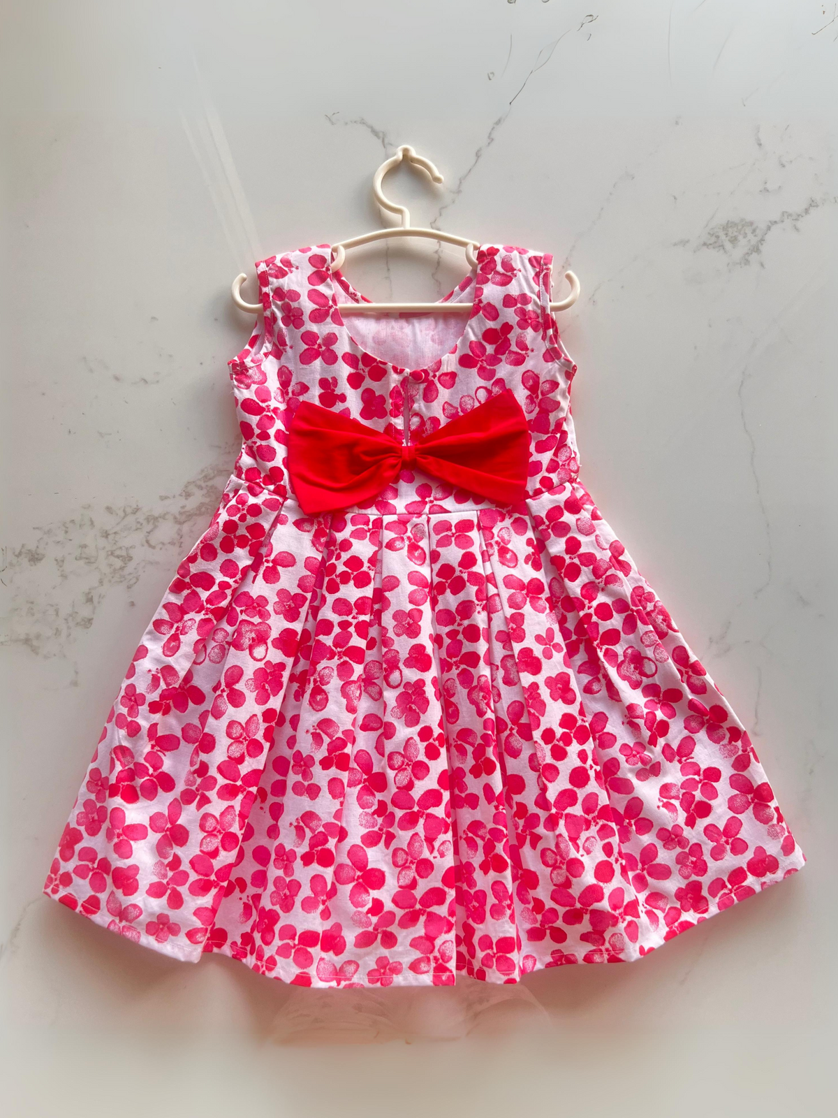 100% Cotton Floral Print Red Sleeveless Dress with Bow