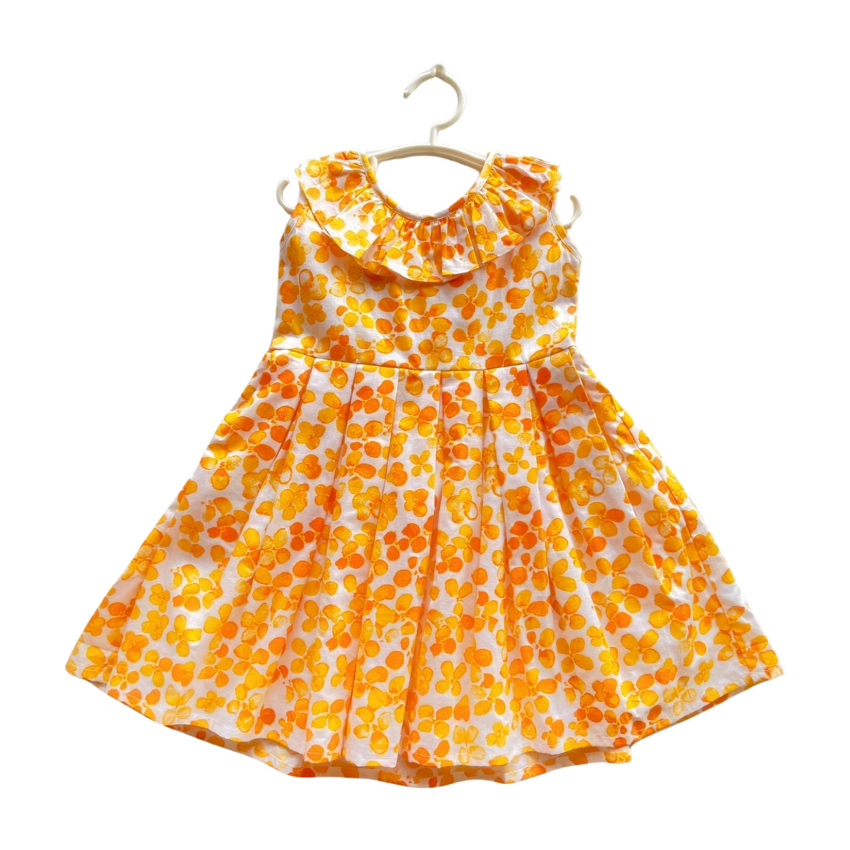 100% Cotton Floral Print Yellow Sleeveless Dress with Bow