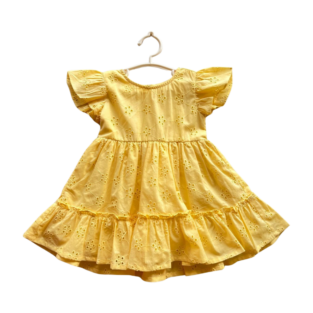 100% Cotton Yellow Schiffli Flutter Sleeves Dress