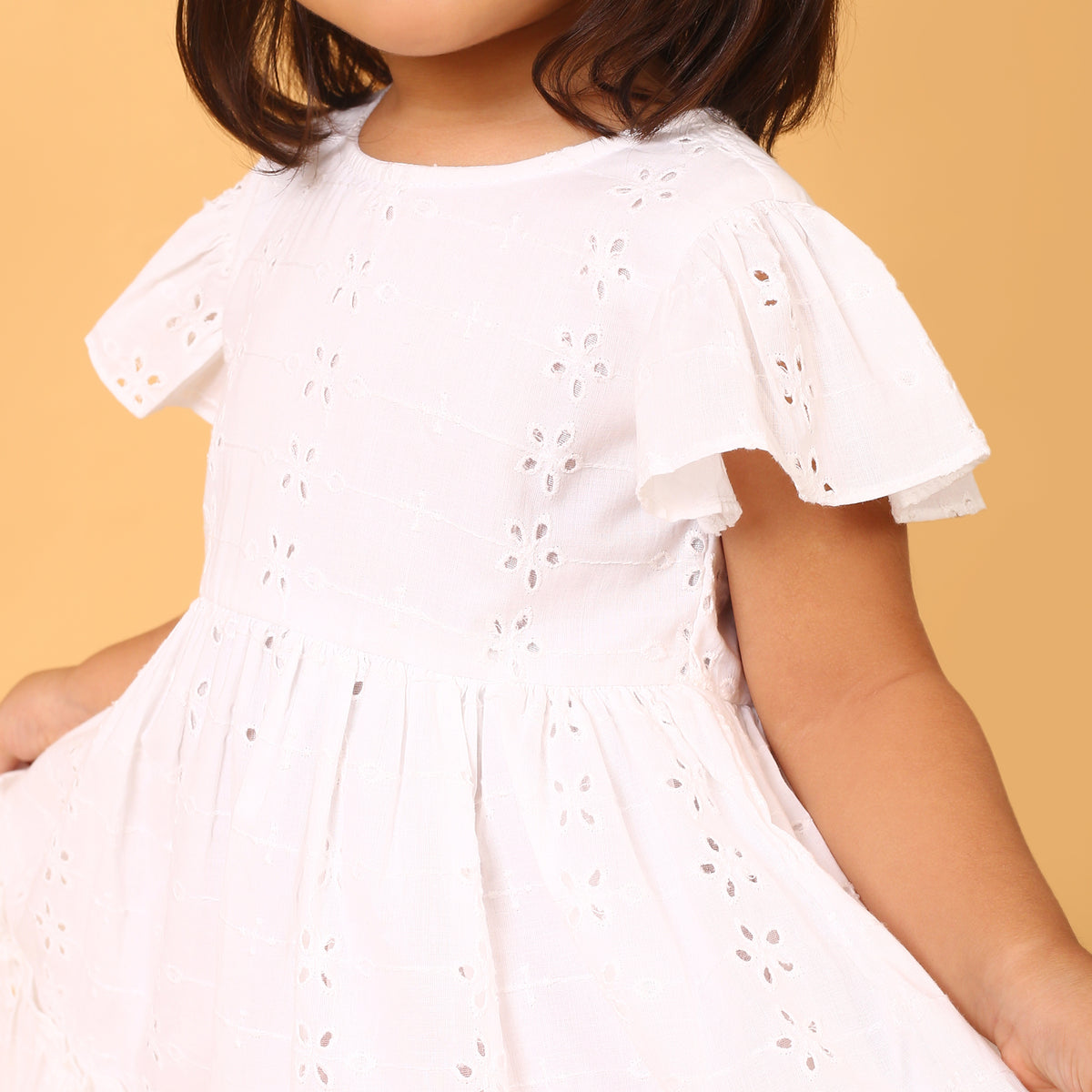 100% Cotton White Schiffli Flutter Sleeves Dress