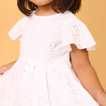 100% Cotton White Schiffli Flutter Sleeves Dress