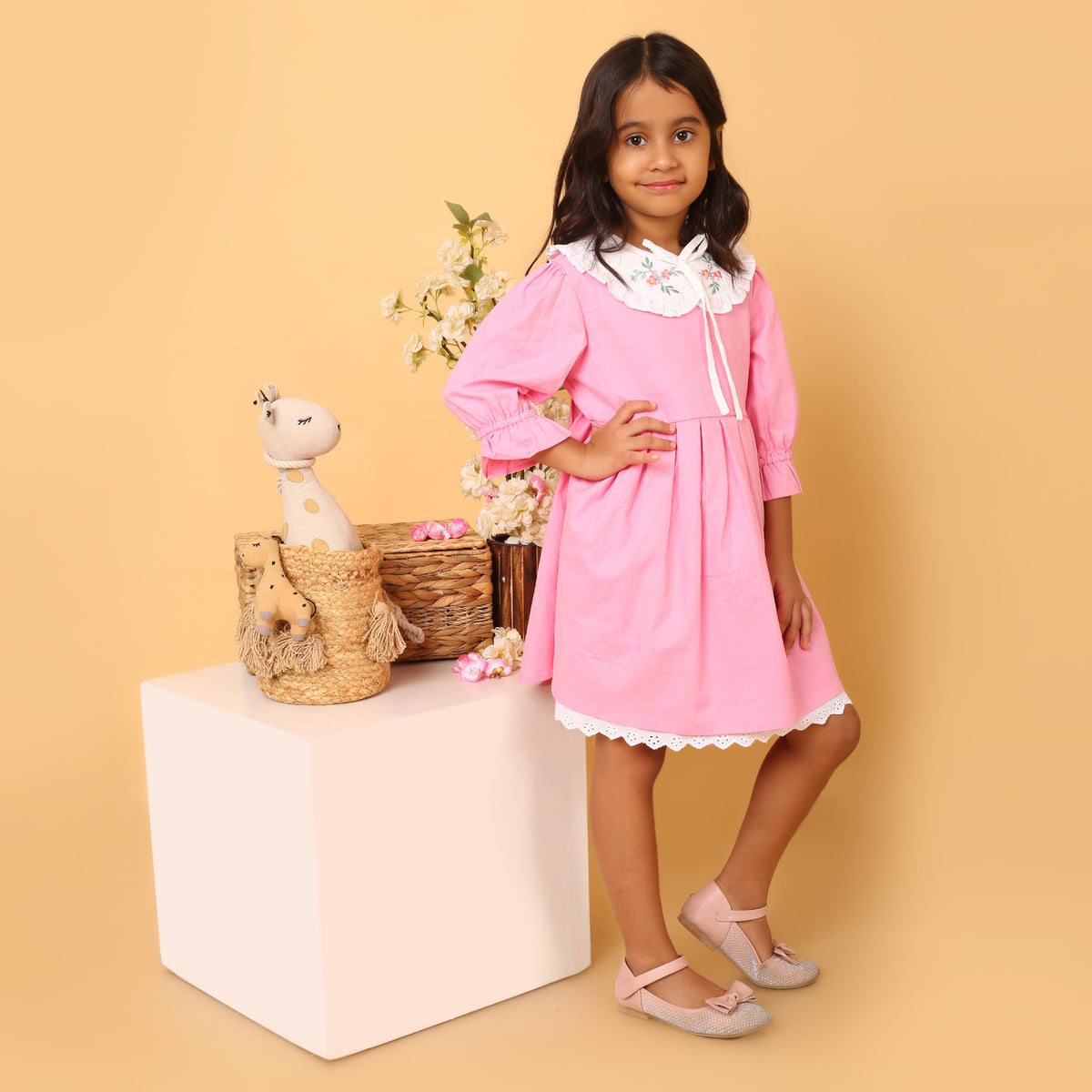 Pink Cotton Linen Dress with Embroidery on Peter Pan Collars
