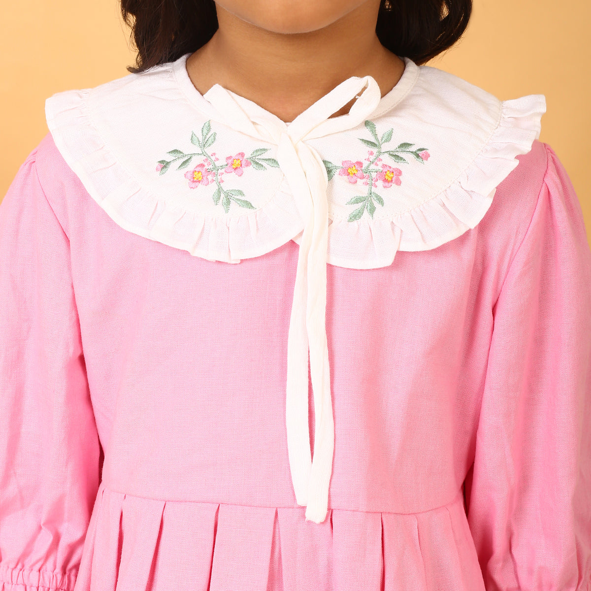 Pink Cotton Linen Dress with Embroidery on Peter Pan Collars