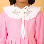 Pink Cotton Linen Dress with Embroidery on Peter Pan Collars
