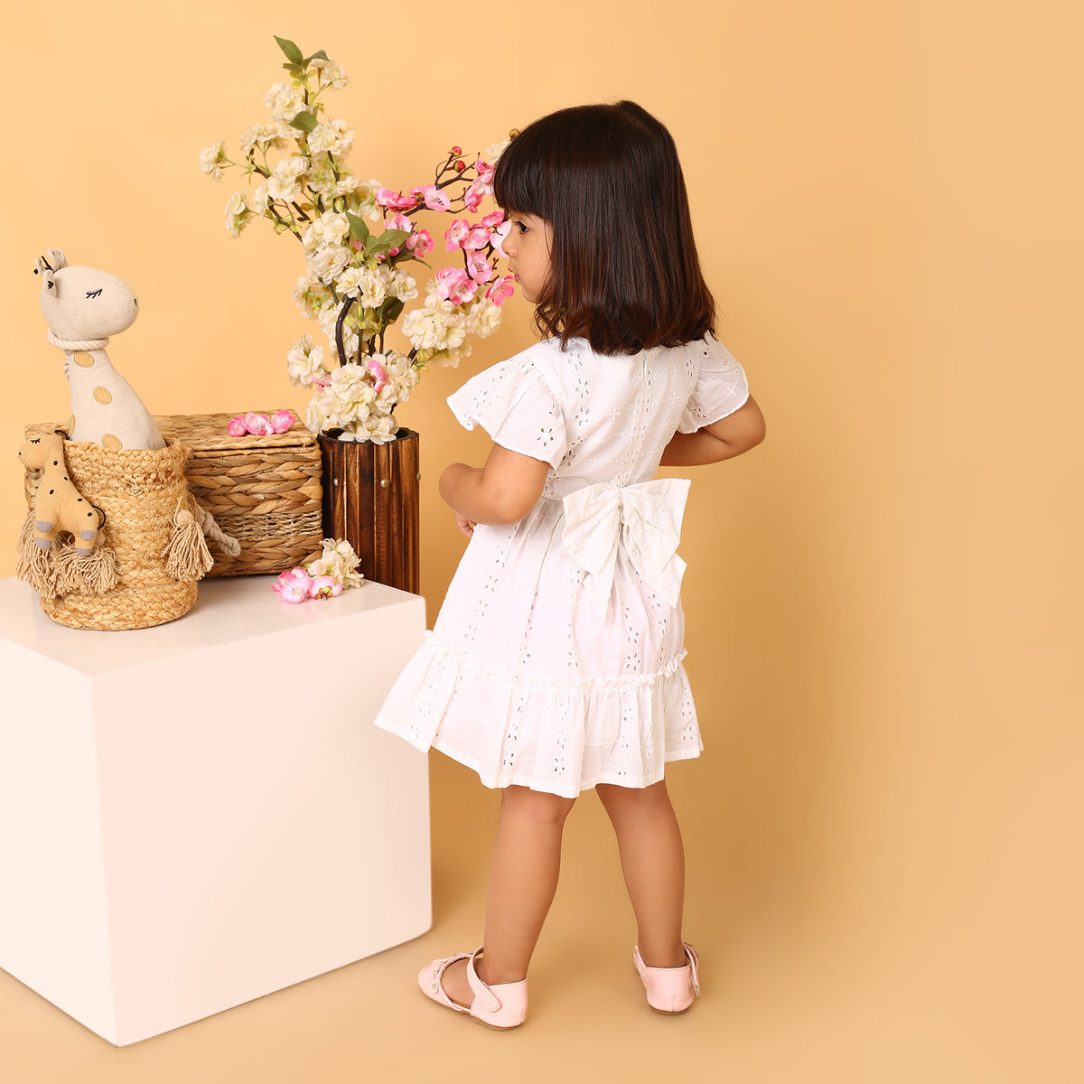 100% Cotton White Schiffli Flutter Sleeves Dress