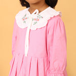 Pink Cotton Linen Dress with Embroidery on Peter Pan Collars