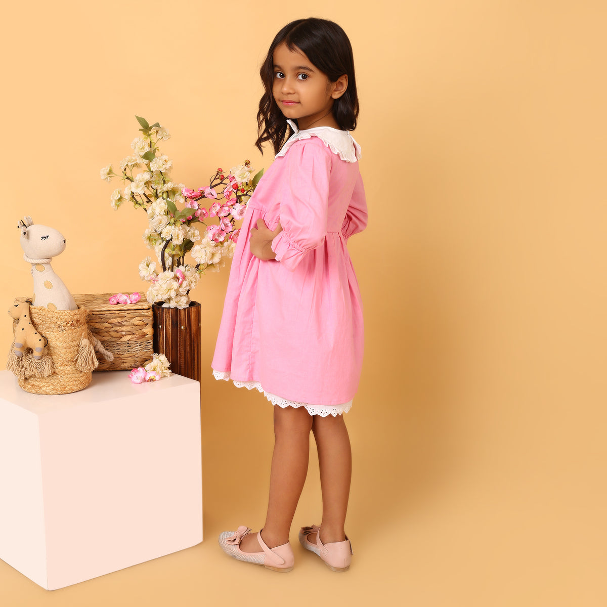 Pink Cotton Linen Dress with Embroidery on Peter Pan Collars