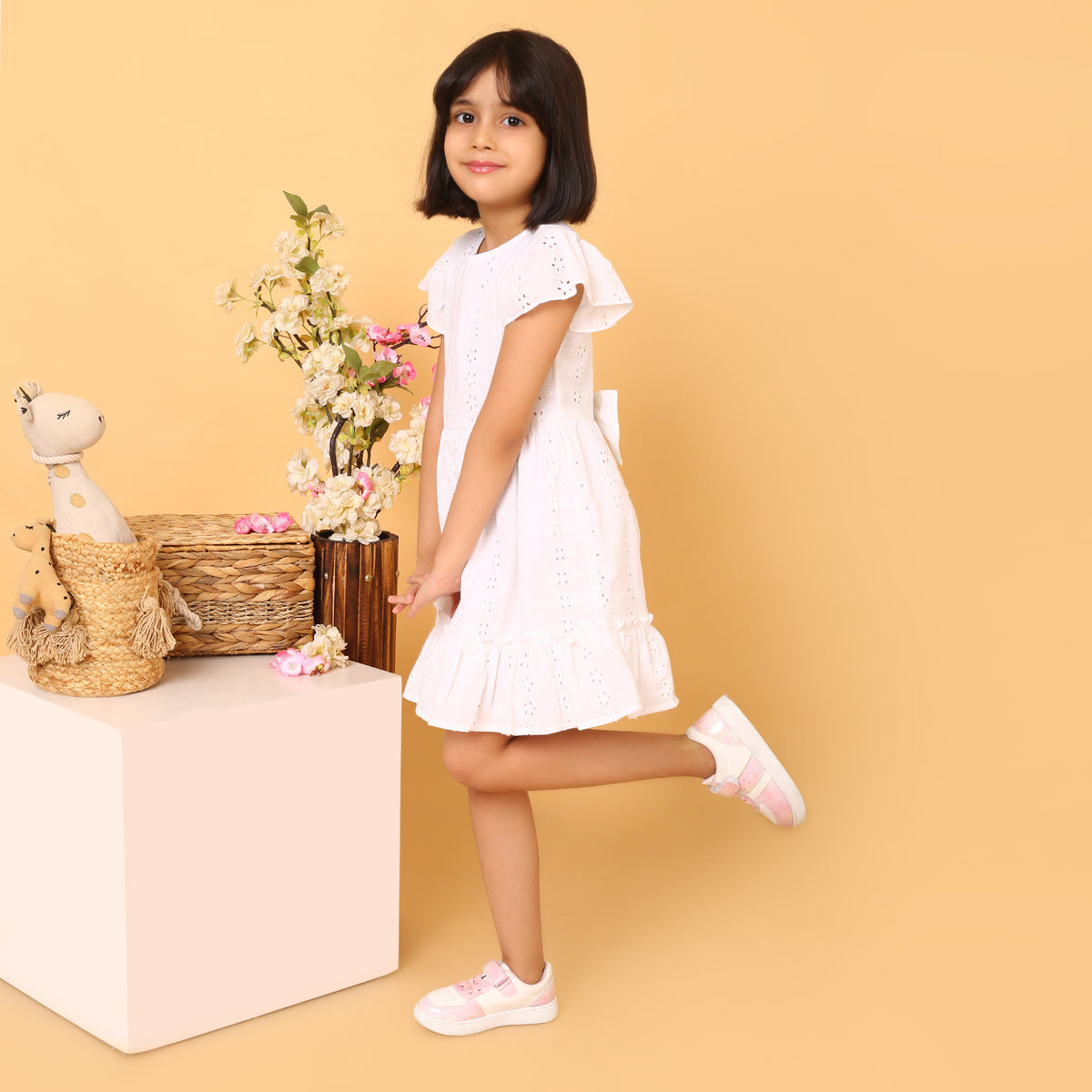 100% Cotton White Schiffli Flutter Sleeves Dress