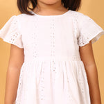 100% Cotton White Schiffli Flutter Sleeves Dress