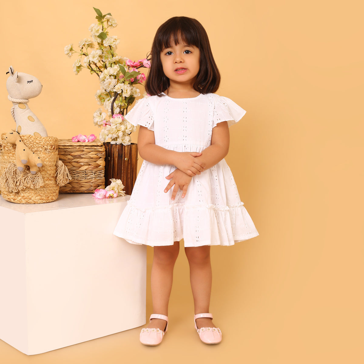 100% Cotton White Schiffli Flutter Sleeves Dress