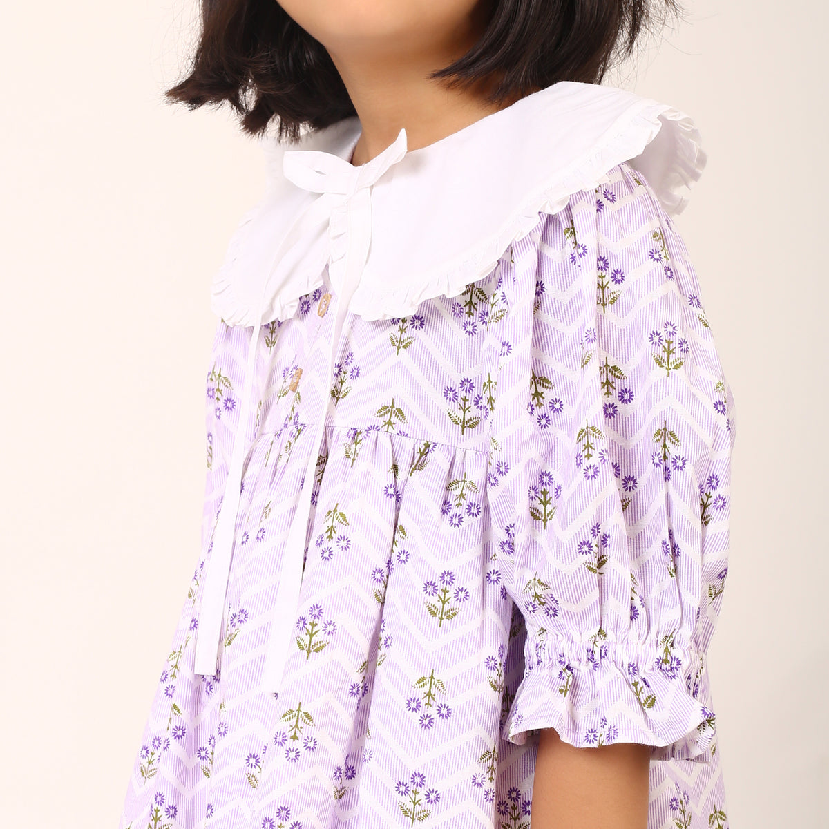 100% Cotton Floral Print Purple Flare Dress with Peter Pan Collar