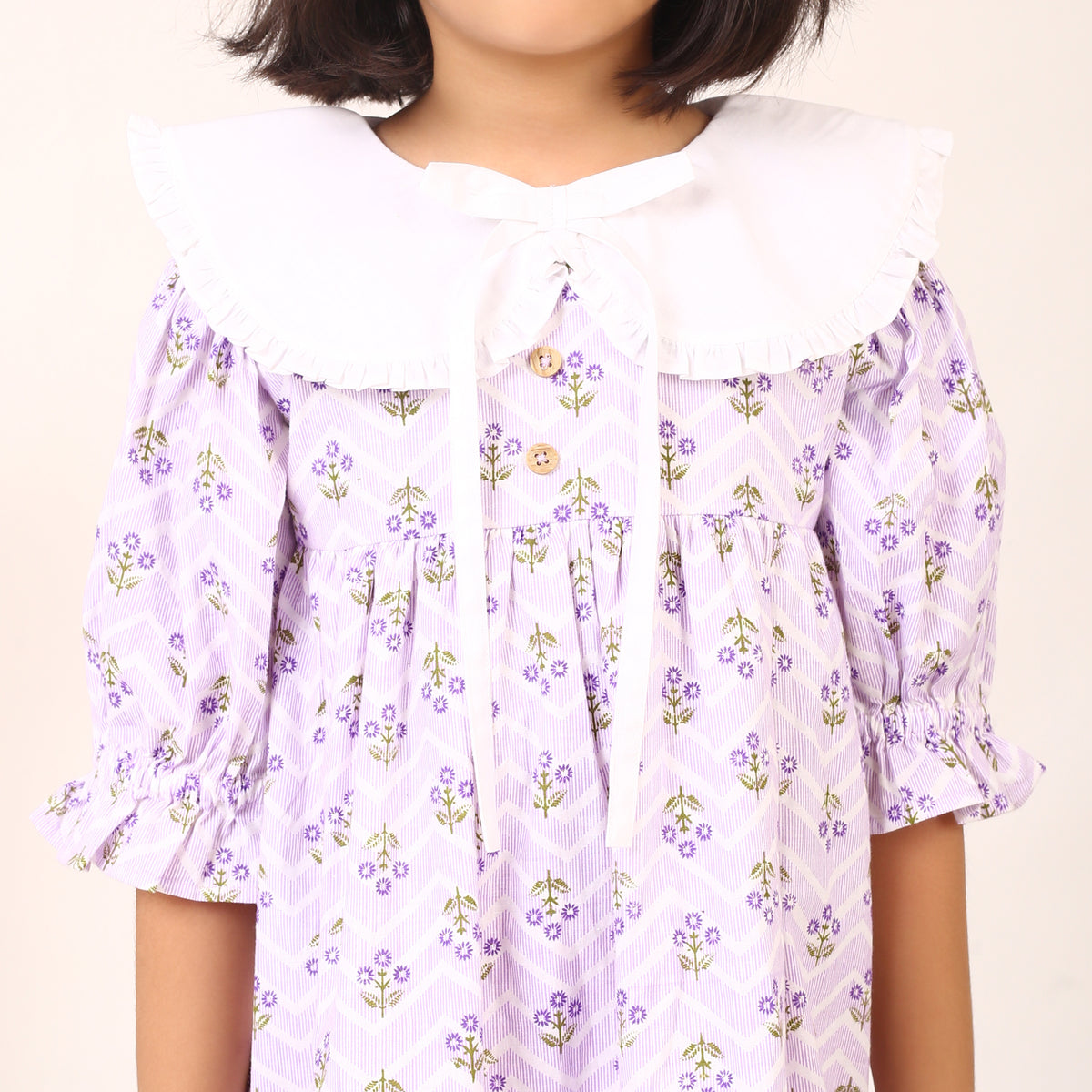 100% Cotton Floral Print Purple Flare Dress with Peter Pan Collar