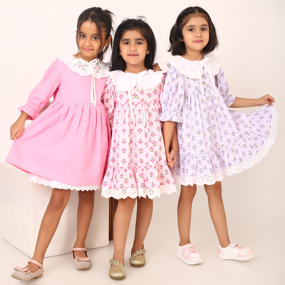 Pink Cotton Linen Dress with Embroidery on Peter Pan Collars
