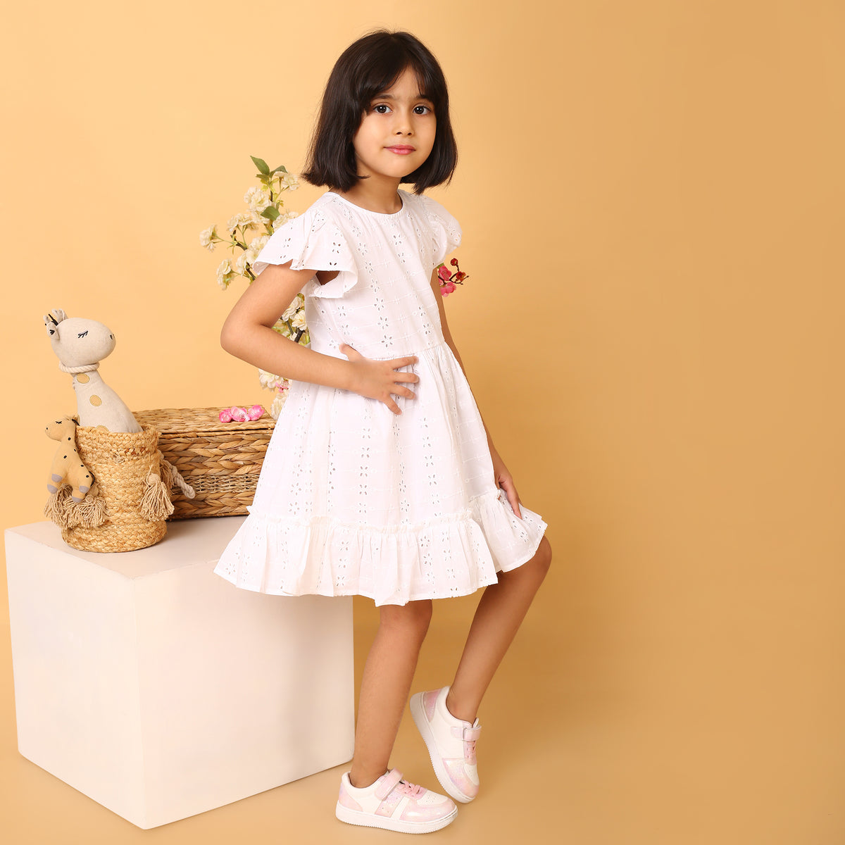 100% Cotton White Schiffli Flutter Sleeves Dress