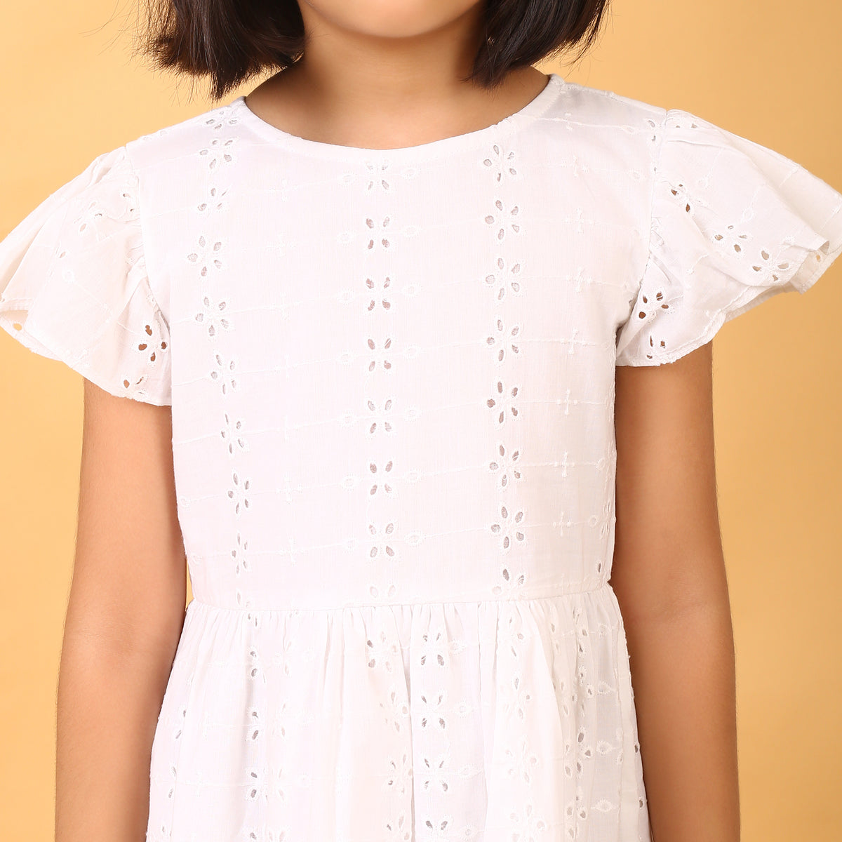 100% Cotton White Schiffli Flutter Sleeves Dress