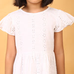 100% Cotton White Schiffli Flutter Sleeves Dress