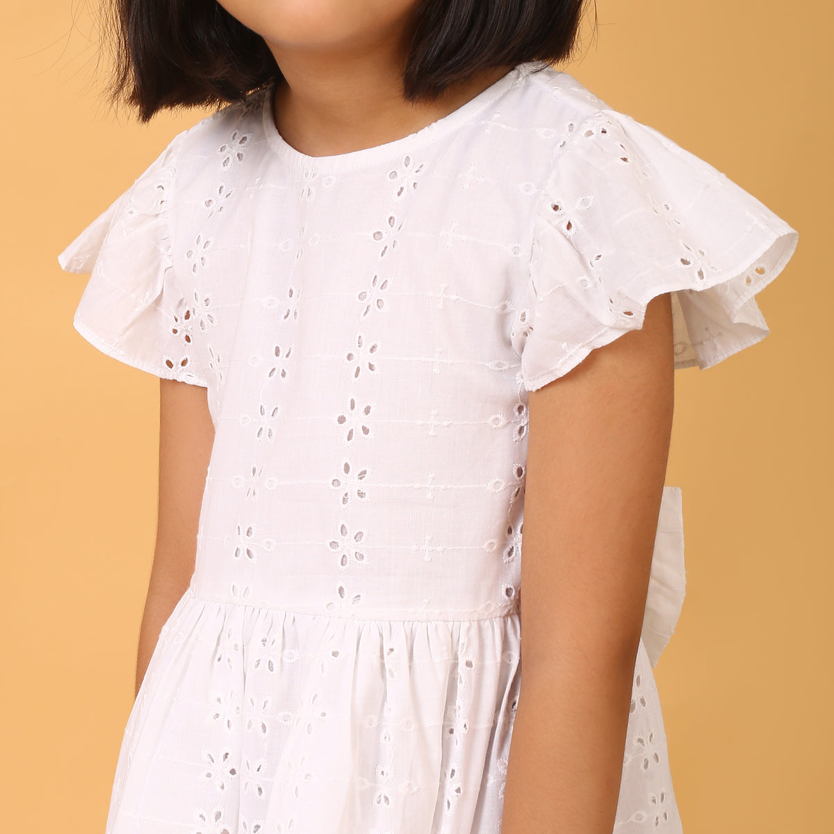 100% Cotton White Schiffli Flutter Sleeves Dress