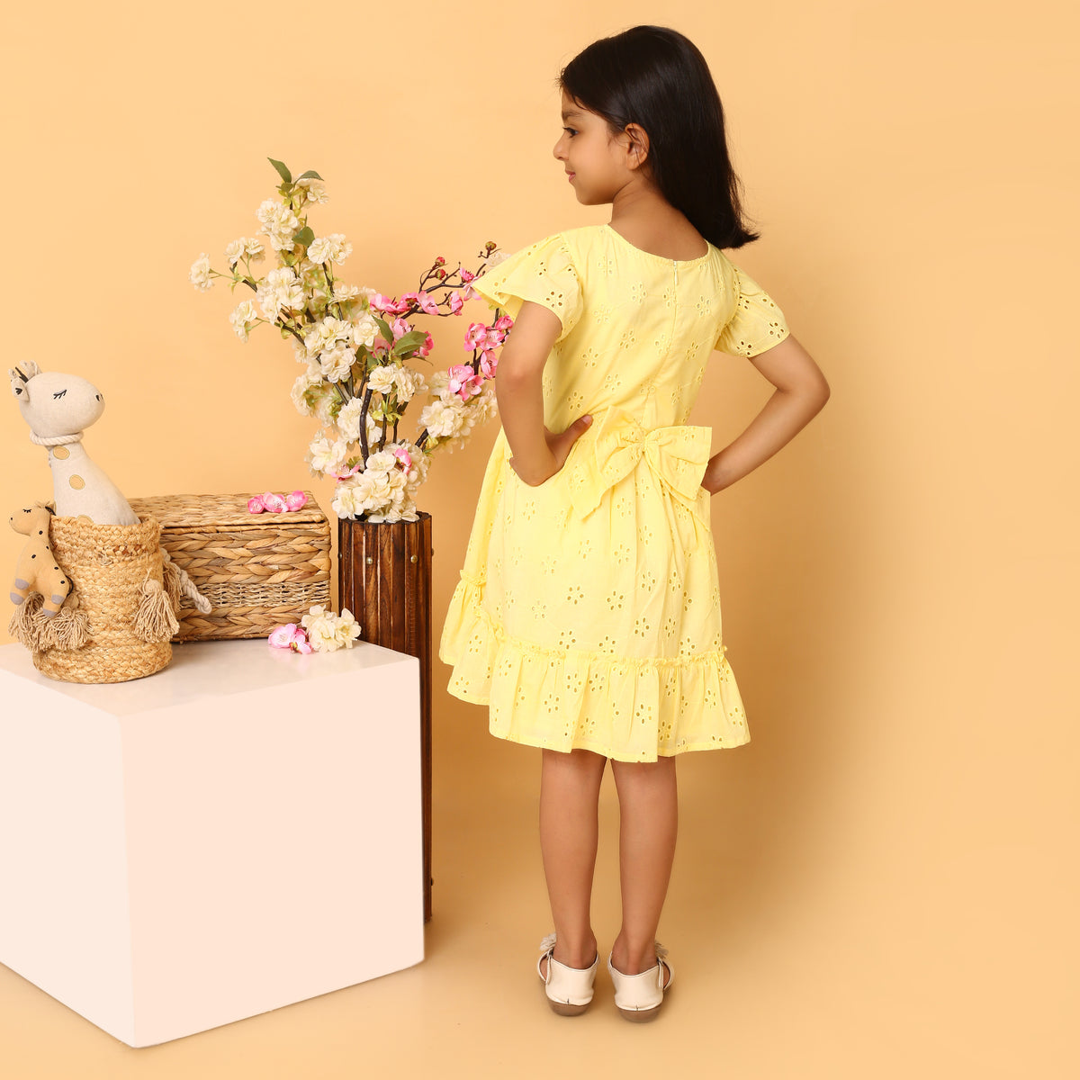 100% Cotton Yellow Schiffli Flutter Sleeves Dress