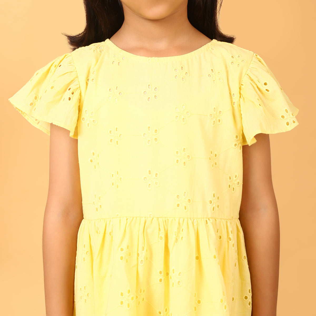 100% Cotton Yellow Schiffli Flutter Sleeves Dress