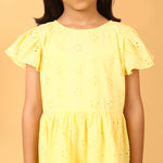 100% Cotton Yellow Schiffli Flutter Sleeves Dress