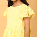 100% Cotton Yellow Schiffli Flutter Sleeves Dress