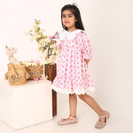 100% Cotton Floral Print Pink Flare Dress with Peter Pan Collar