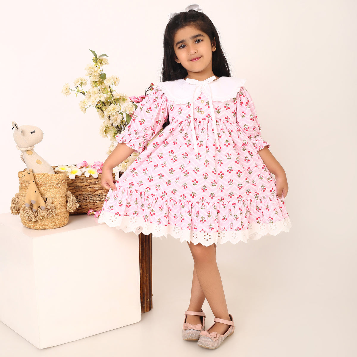 100% Cotton Floral Print Pink Flare Dress with Peter Pan Collar