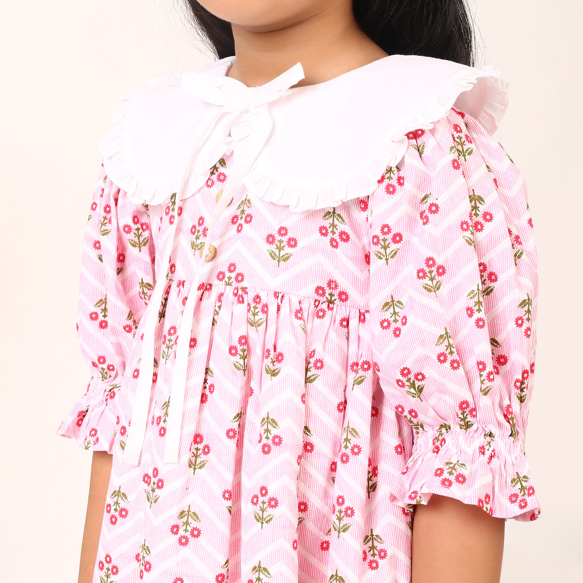 100% Cotton Floral Print Pink Flare Dress with Peter Pan Collar
