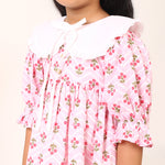 100% Cotton Floral Print Pink Flare Dress with Peter Pan Collar