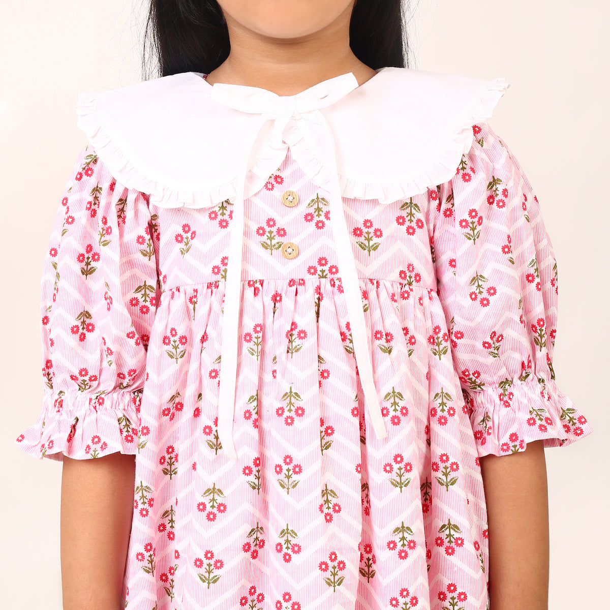 100% Cotton Floral Print Pink Flare Dress with Peter Pan Collar
