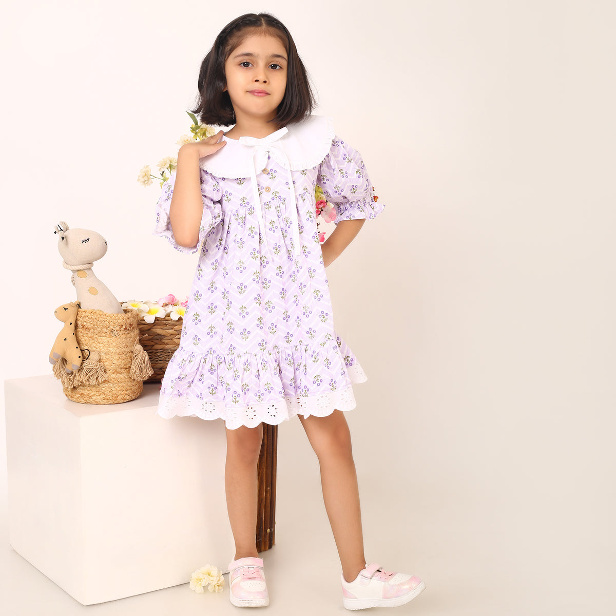 100% Cotton Floral Print Purple Flare Dress with Peter Pan Collar
