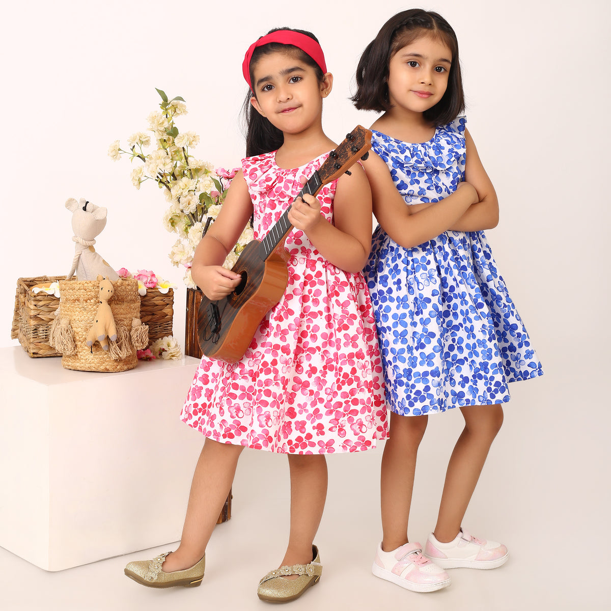 100% Cotton Floral Print Blue Sleeveless Dress with Bow